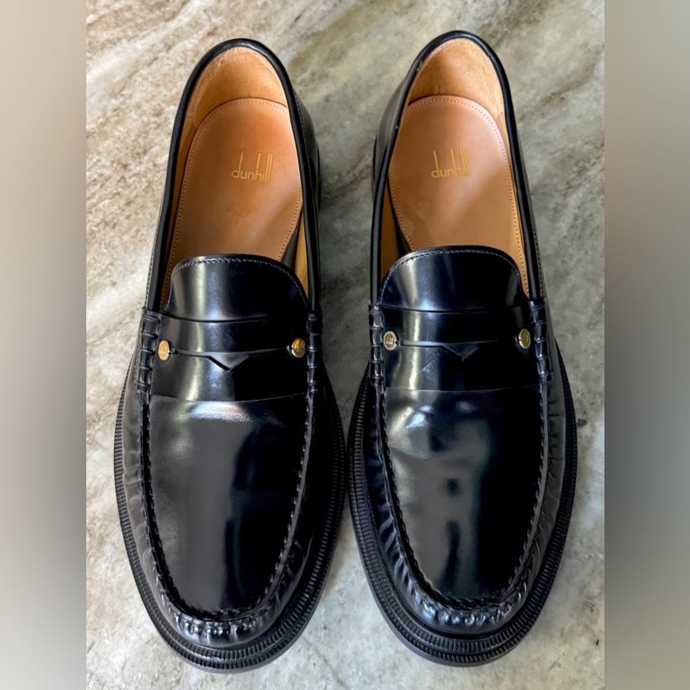 DUNHILL PENNY  LOAFER GOLD LOGO 43 / 10 BLACK $900  SHINY LEATHER